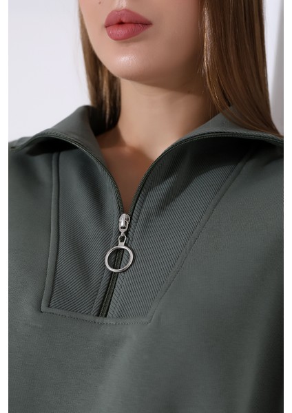 Relax Rahat Salaş Geniş Kesim Yarım Fermuarlı Dik Yaka Pamuklu Kadın Sweatshirt 21971 Haki fiyatları