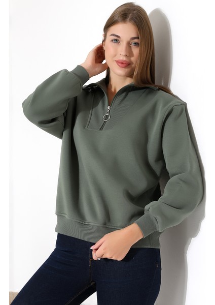Relax Rahat Salaş Geniş Kesim Yarım Fermuarlı Dik Yaka Pamuklu Kadın Sweatshirt 21971 Haki modelleri
