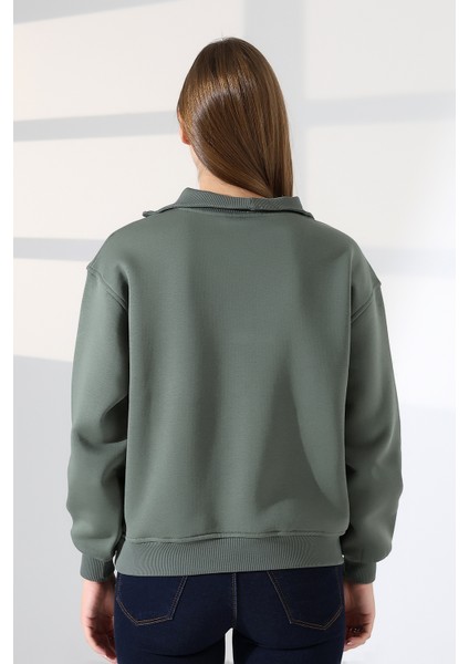 Relax Rahat Salaş Geniş Kesim Yarım Fermuarlı Dik Yaka Pamuklu Kadın Sweatshirt 21971 Haki fırsatları
