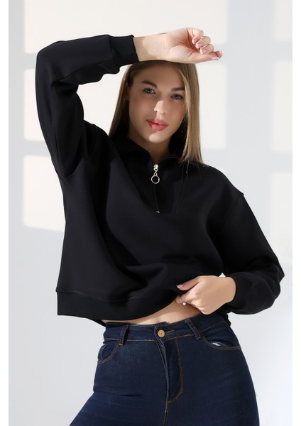 Relax Rahat Salaş Geniş Kesim Yarım Fermuarlı Dik Yaka Pamuklu Kadın Sweatshirt 21971 Siyah
