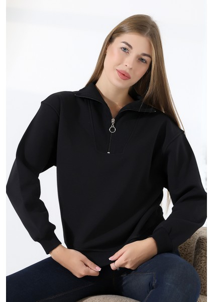 Relax Rahat Salaş Geniş Kesim Yarım Fermuarlı Dik Yaka Pamuklu Kadın Sweatshirt 21971 Siyah fiyatları