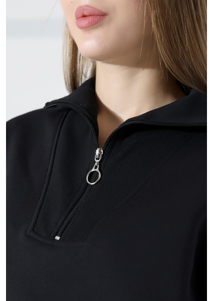 Relax Rahat Salaş Geniş Kesim Yarım Fermuarlı Dik Yaka Pamuklu Kadın Sweatshirt 21971 Siyah modelleri
