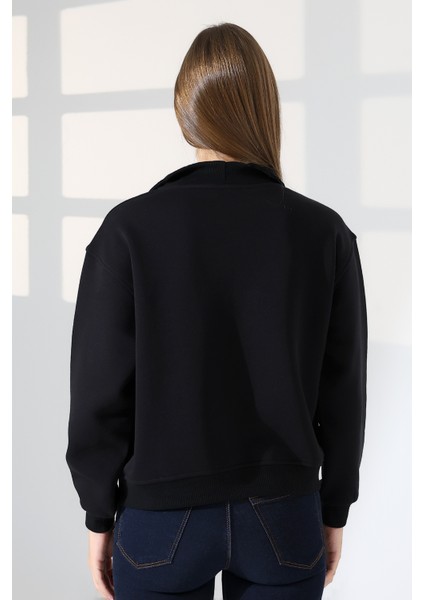 Relax Rahat Salaş Geniş Kesim Yarım Fermuarlı Dik Yaka Pamuklu Kadın Sweatshirt 21971 Siyah fırsatları