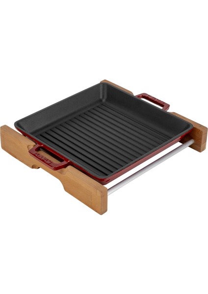 Döküm Kare Izgara Tavası Kayın Servis Ahşabı Döküm Demir Yekpare Çift Kulplu Ölçü 26X26CM.-BORDO fiyatları