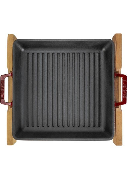 Döküm Kare Izgara Tavası Kayın Servis Ahşabı Döküm Demir Yekpare Çift Kulplu Ölçü 26X26CM.-BORDO modelleri