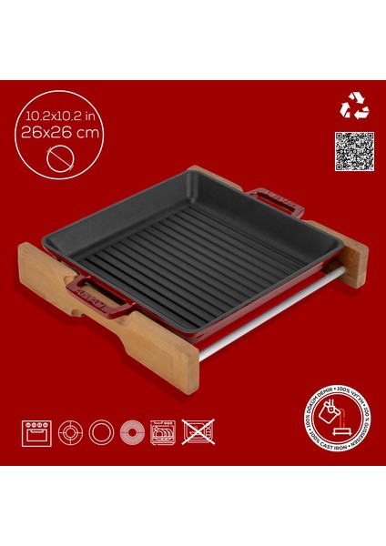 Döküm Kare Izgara Tavası Kayın Servis Ahşabı Döküm Demir Yekpare Çift Kulplu Ölçü 26X26CM.-BORDO fırsatları