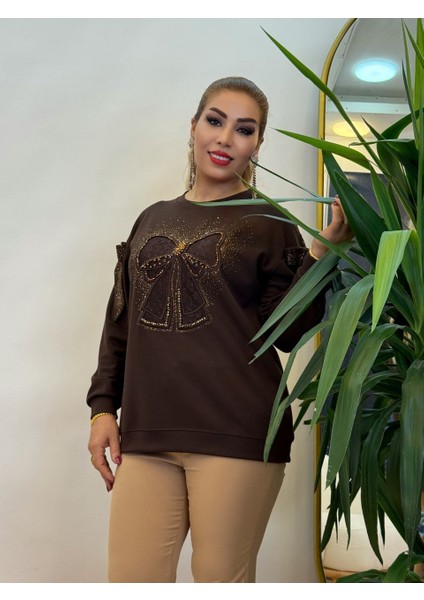 Abiye Bluz Kadın Kahverengi Taşlı Dantel ve Püsküllü Papiyon Detaylı Uzun Kollu Özel Gün Şık Bluz fiyatları