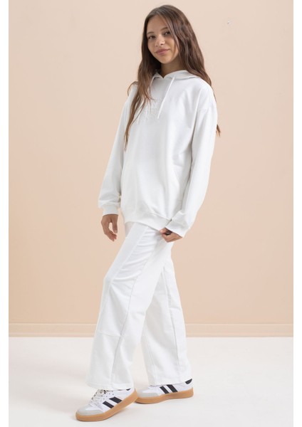 Beyaz Yazı Baskılı Kapüşonlu Geniş Paça Kız Çocuk Eşofman Takımı 21433 fırsatları