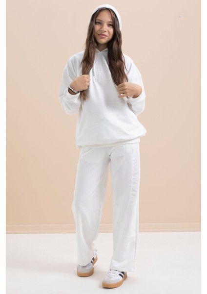 Beyaz Yazı Baskılı Kapüşonlu Geniş Paça Kız Çocuk Eşofman Takımı 21433 indirimleri