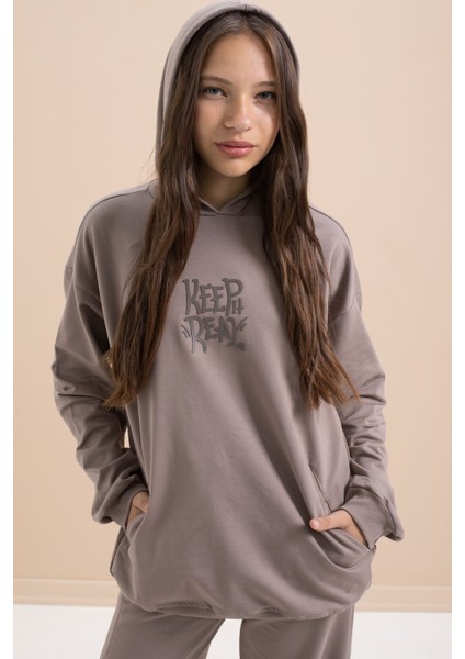 Kahve Yazı Baskılı Kapüşonlu Geniş Paça Kız Çocuk Eşofman Takımı 21430 indirimleri