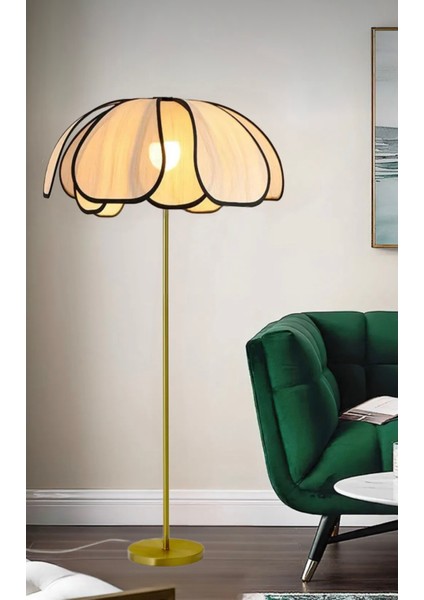 Palm Dekoratif Lambader Eskitme Gold Gövde Ekru Kumaş Abajur