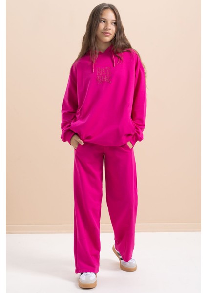 Fuşya Yazı Baskılı Kapüşonlu Geniş Paça Kız Çocuk Eşofman Takımı 21432