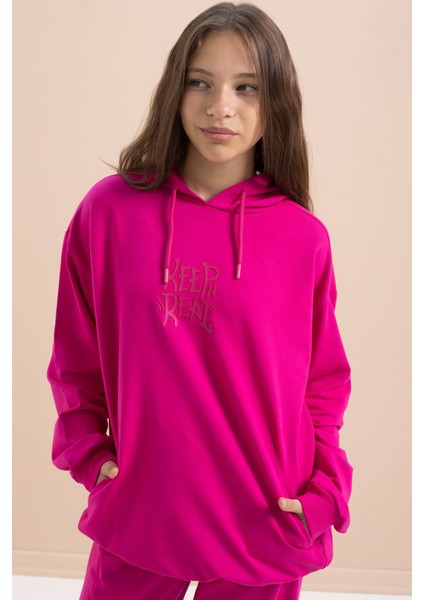 Fuşya Yazı Baskılı Kapüşonlu Geniş Paça Kız Çocuk Eşofman Takımı 21432 fiyatları