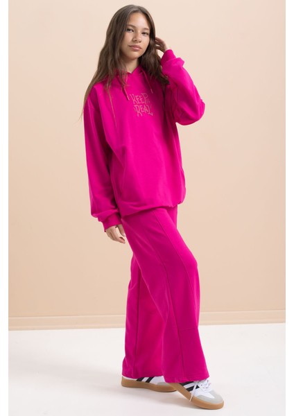 Fuşya Yazı Baskılı Kapüşonlu Geniş Paça Kız Çocuk Eşofman Takımı 21432 modelleri