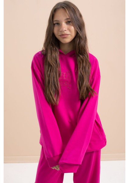 Fuşya Yazı Baskılı Kapüşonlu Geniş Paça Kız Çocuk Eşofman Takımı 21432 indirimleri