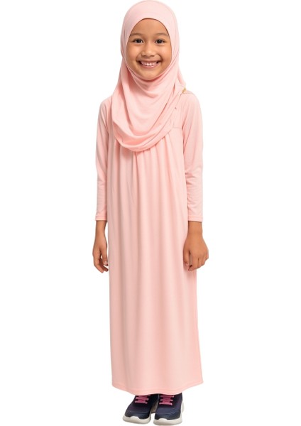 Penye Kendinden Başörtülü Çocuk Namaz Elbisesi Açık Pembe/ 6-7-8 Yaş