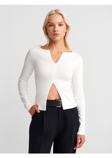 31993 Fermuar Detaylı Uzun Kollu Top-Ekru