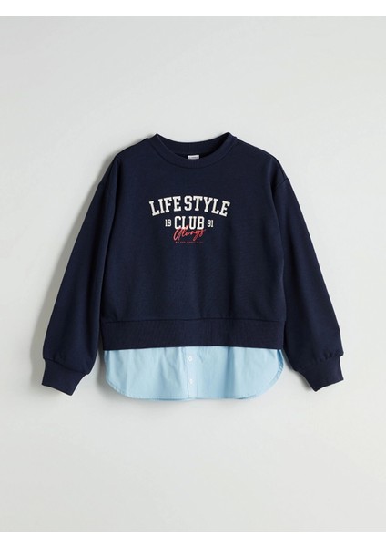 Lcw Kids Lacivert Bisiklet Yaka Baskılı Kız Çocuk Sweatshirt