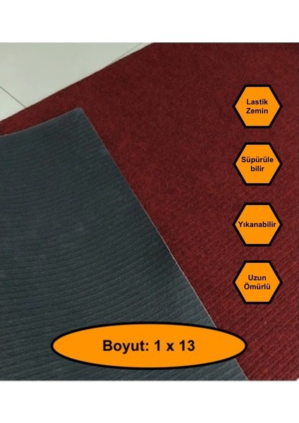 Bordo Çelik Halı, Yolluk, Lastik Tabanlı, 1X13 Metre, Kaydırmaz