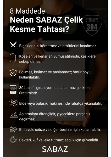 Paslanmaz Çelik Kesme Tahtası (304) Antibakteriyel Silikonlu Arka Yüzey Gıda Uyumlu Medium indirimleri