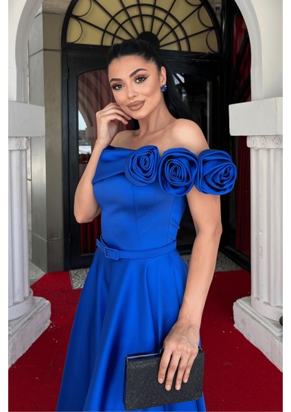 Saten Kumaş Gül Detaylı Midi Elbise - Saks Mavi modelleri