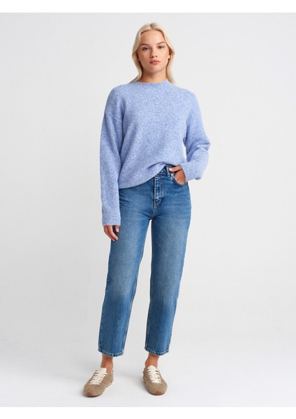 10640 Bisiklet Yaka Yumuşak Dokulu Triko Kazak-Indigo M. fırsatları