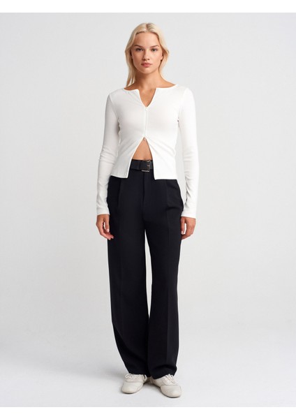 31993 Fermuar Detaylı Uzun Kollu Top-Ekru fırsatları