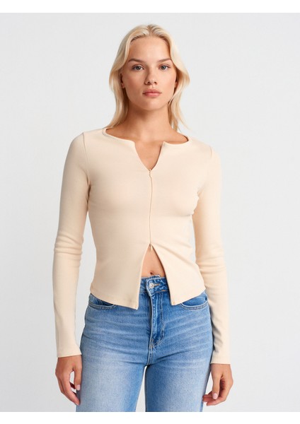 31993 Fermuar Detaylı Uzun Kollu Top-Taş