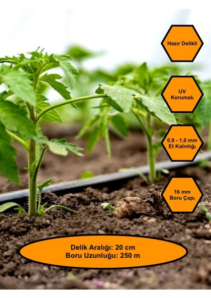 16 mm Çaplı, 20 mm Delik Aralıklı Damlama Hortumu (Delikli) 250 Metre