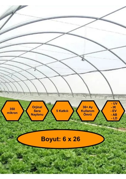 Sera Naylonu, 36 Aylık, 5 Katkılı, 350 Micron 6X26 Şeffaf Sera Örtüsü, Uv Dayanımlı, Ir, Ev, Ab, Ld