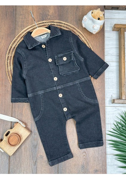 Premium Kalite Yumuşak Doku Önden Düğmeli Esnek Geniş Kalıp Unisex Örme Kot Bebek Tulum