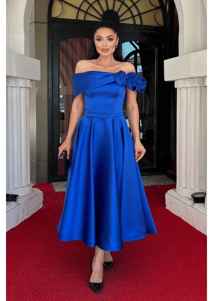 Saten Kumaş Gül Detaylı Midi Elbise - Saks Mavi