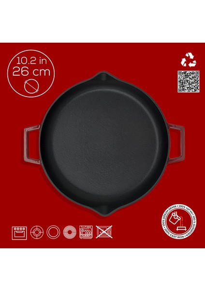 Döküm Yuvarlak Kızartma Tavası Döküm Demir Yekpare Çift Kulplu ÇAP(Ø)26CM.-BORDO fırsatları