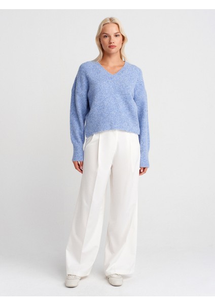 10645 V Yaka Yumuşak Dokulu Triko Kazak-Indigo M. fırsatları