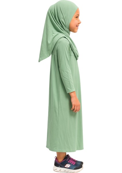 Penye Kendinden Başörtülü Çocuk Namaz Elbisesi Açık Yeşil/ 6-7-8 Yaş modelleri