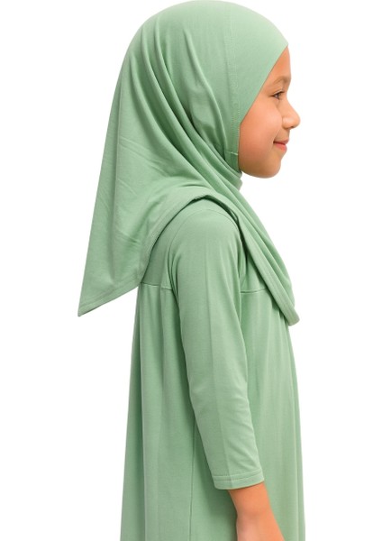 Penye Kendinden Başörtülü Çocuk Namaz Elbisesi Açık Yeşil/ 6-7-8 Yaş indirimleri