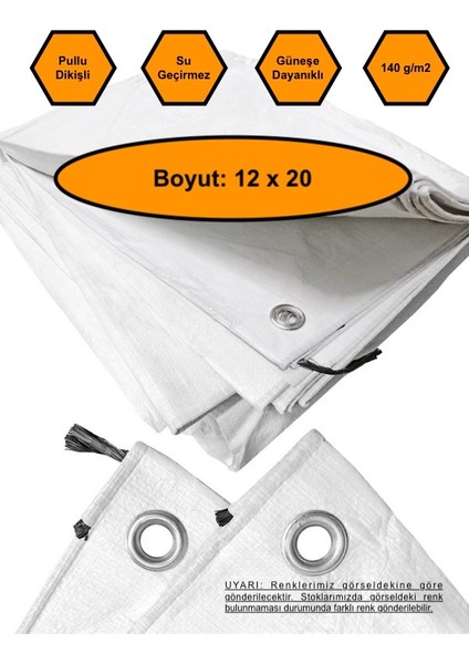 Beyaz Renk Ebatlı Branda, 12X20 Çadır 140 Gr/m2 Su Geçirmez Kamyon Saman Inşaat Gölgeleme Çadırı