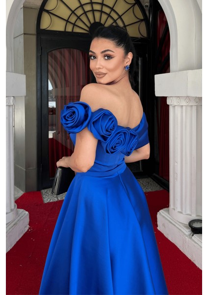 Saten Kumaş Gül Detaylı Midi Elbise - Saks Mavi modelleri