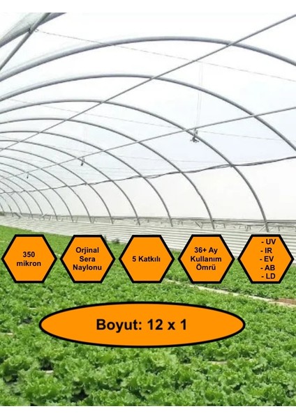 Sera Naylonu, 36 Aylık, 5 Katkılı, 350 Micron 12X1 Şeffaf Sera Örtüsü, Uv Dayanımlı, Ir, Ev, Ab, Ld