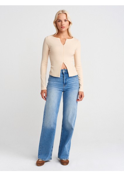 72047 Likralı Wideleg Denim Pantolon-Mavi