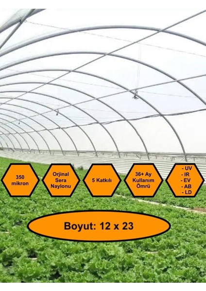 Sera Naylonu, 36 Aylık, 5 Katkılı, 350 Micron 12X23 Şeffaf Sera Örtüsü, Uv Dayanımlı, Ir, Ev, Ab, Ld