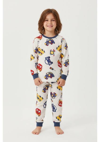 Araba Desenli Erkek Çocuk Pijama Takımı - Pamuklu Interlok Kumaş