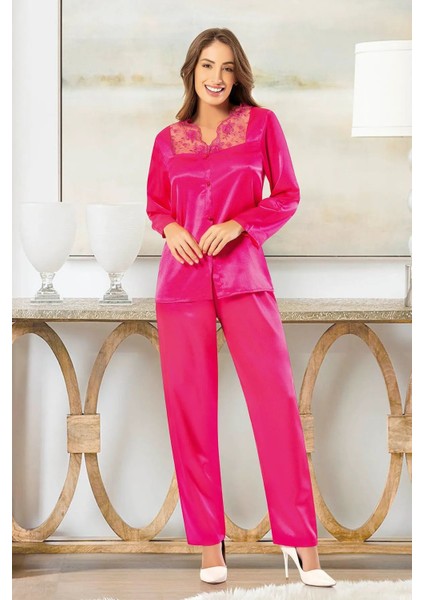 4610 Kadın Dantel Detaylı Saten Uzun Kollu Pijama Takım-Fuşya fiyatları
