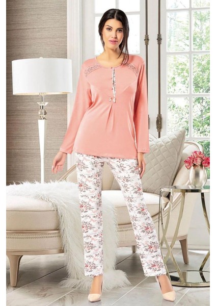 8602 Kadın Uzun Kollu Önden Düğmeli Pijama Takımı-Somon