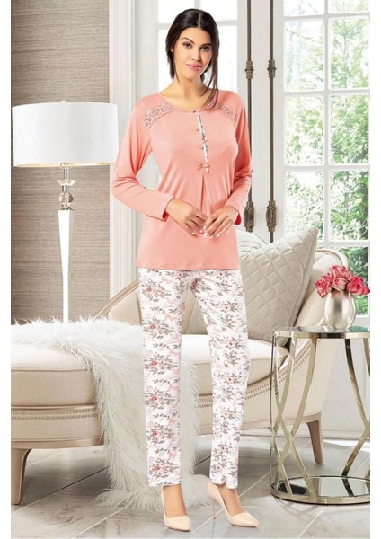 8602 Kadın Uzun Kollu Önden Düğmeli Pijama Takımı-Somon fiyatları