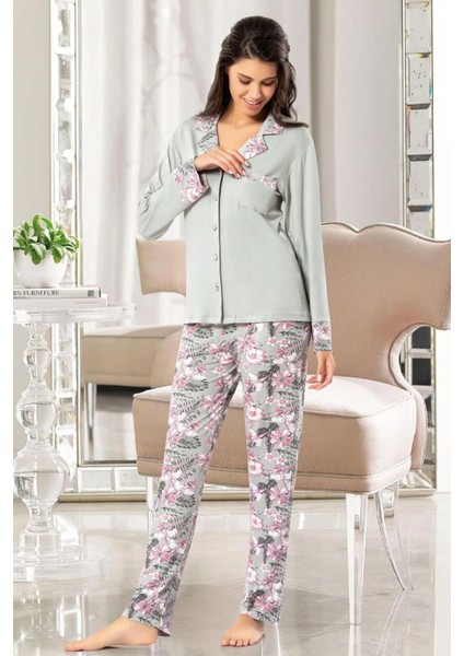 8604 Kadın Uzun Kollu Önden Düğmeli Pijama Takımı-Yeşil