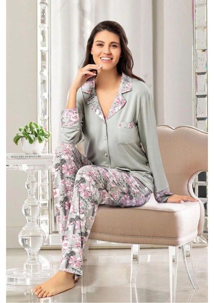 8604 Kadın Uzun Kollu Önden Düğmeli Pijama Takımı-Yeşil fiyatları