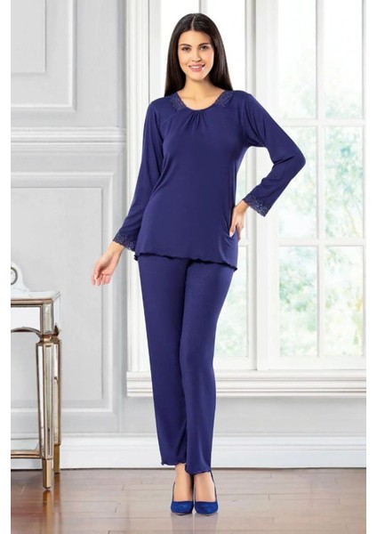 8606 Kadın Uzun Kollu Dantel Detaylı Pijama Takımı-Lacivert