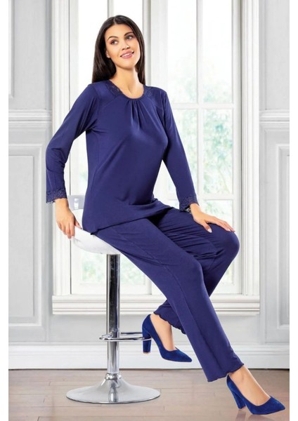 8606 Kadın Uzun Kollu Dantel Detaylı Pijama Takımı-Lacivert fiyatları
