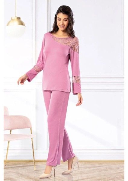 8617 Kadın Uzun Kollu Dantel Detaylı Pijama Takımı-Gülkurusu